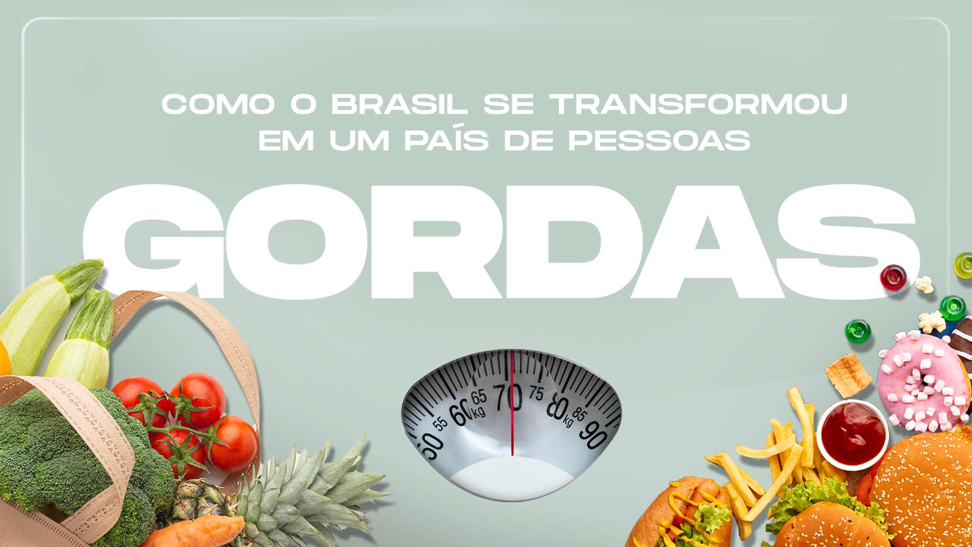 Ilustração em fundo verde mostra alimentos saudáveis e ultraprocessados - Metrópoles