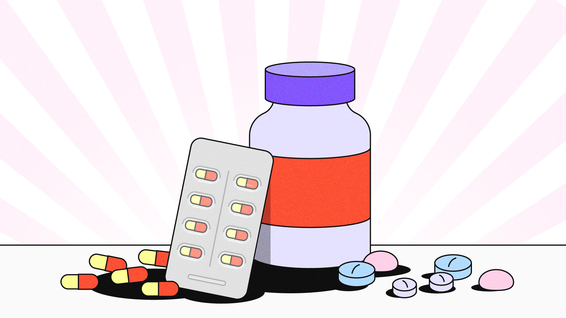 Ilustração mostra medicamentos antidepressivos apoiados em um frasco de remédio