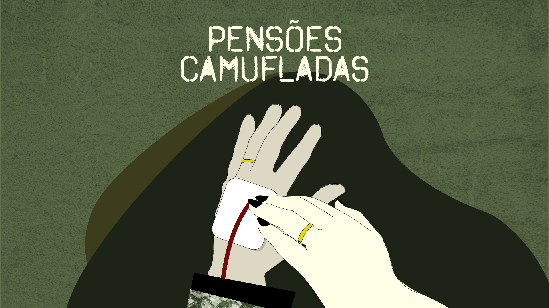 ilustração de mão de militar com aliança e mão de mulher com aliança, pensão