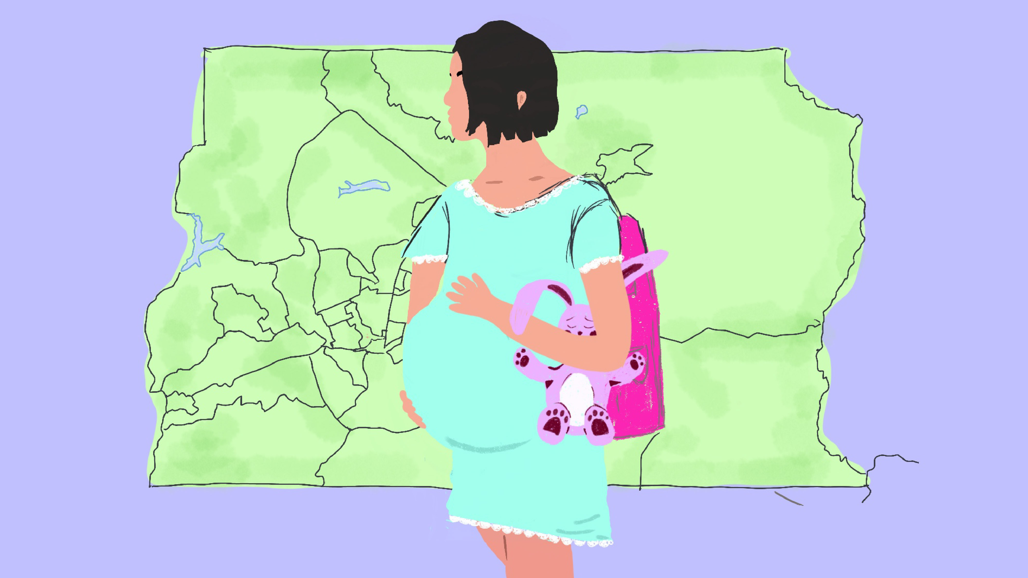 Imagem colorida de menina grávida desenhada com o mapa do DF atrás