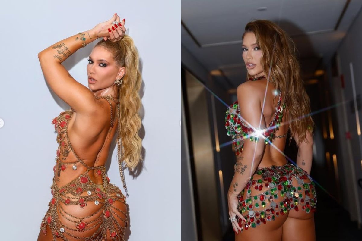 montagem colorida com fotos de Virginia mostrando os glúteos