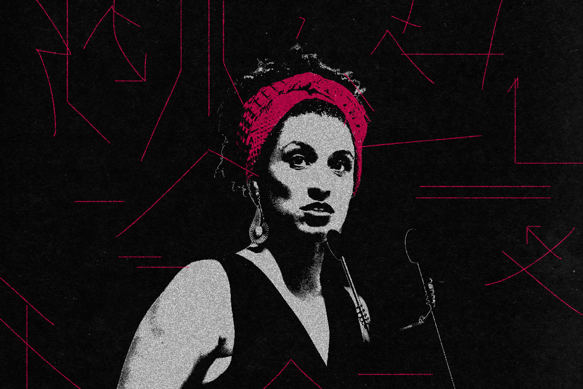 Ilustração de Marielle Franco em preto em branco com um apenas um detalhe vermelho: faixa no cabelo da vereadora