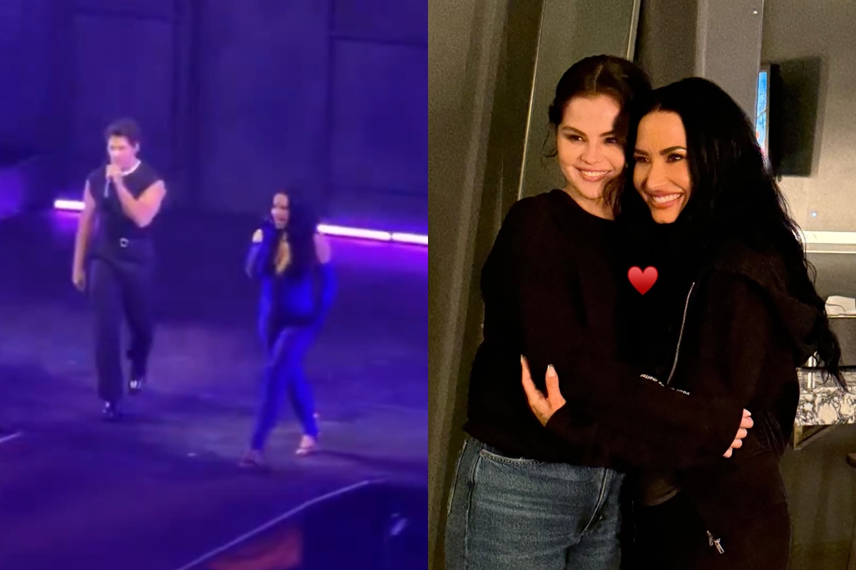 Montagem de imagens mostra Demi Lovato cantando com Joe Jonas em um palco (à esquerda) e Demi abraçada com Selena Gomez (à direita) - Metrópoles