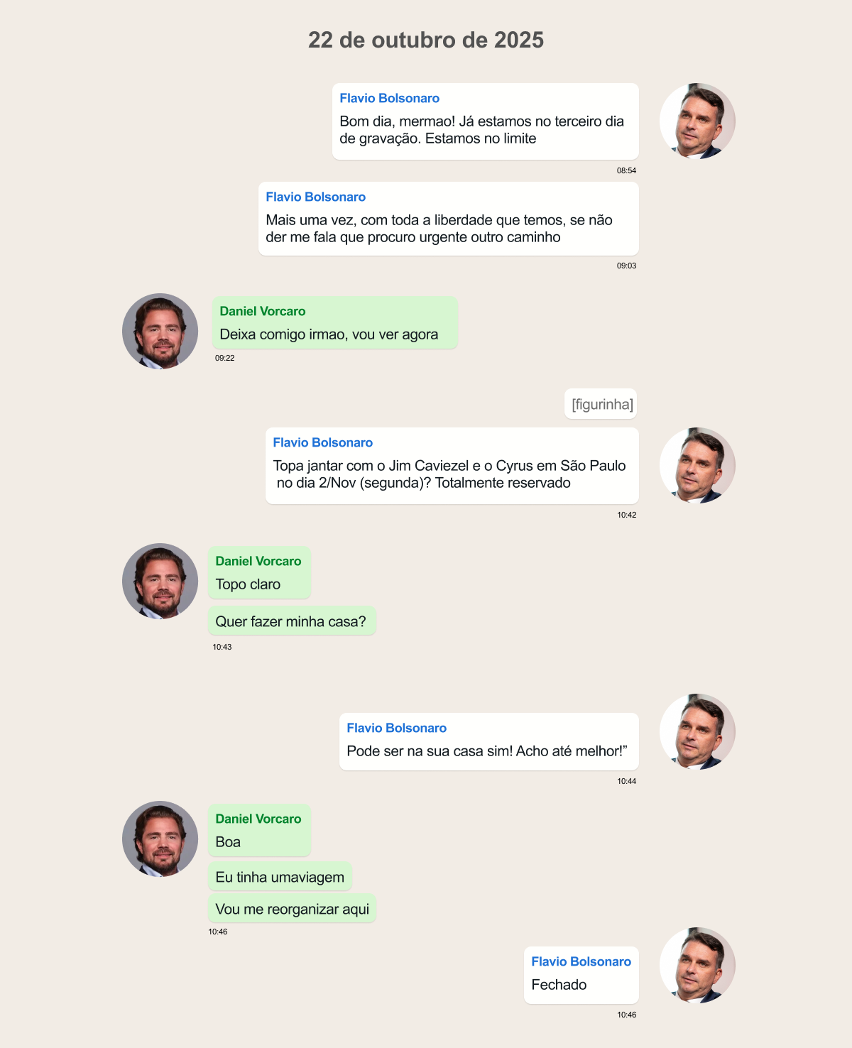 Em carta aos EUA, Flávio associa Master a Lula e omite caso Dark Horse 17 Conversa entre Flávio Bolsonaro e Daniel Vorcaro (22 de outubro de 2025)