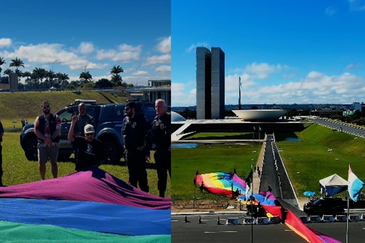 Ativistas são barrados com bandeira LGBTQIA+ no gramado do Congresso