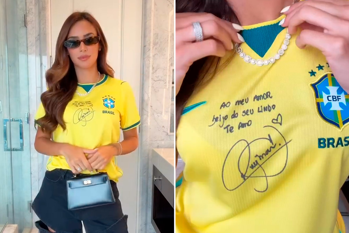 Bruna Biancardi vê jogo do Brasil usando camisa com recado de Neymar