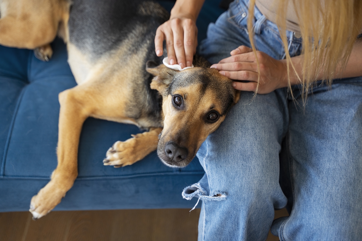 cachorro de porte médio no colo de tutor