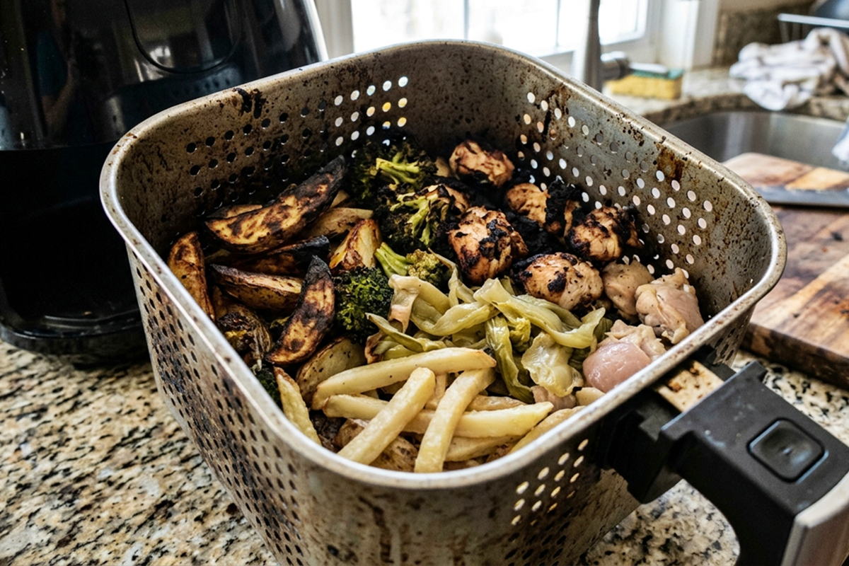 Imagem gerada por IA de cesto de air fryer com alimentos crus , queimados e cozidos