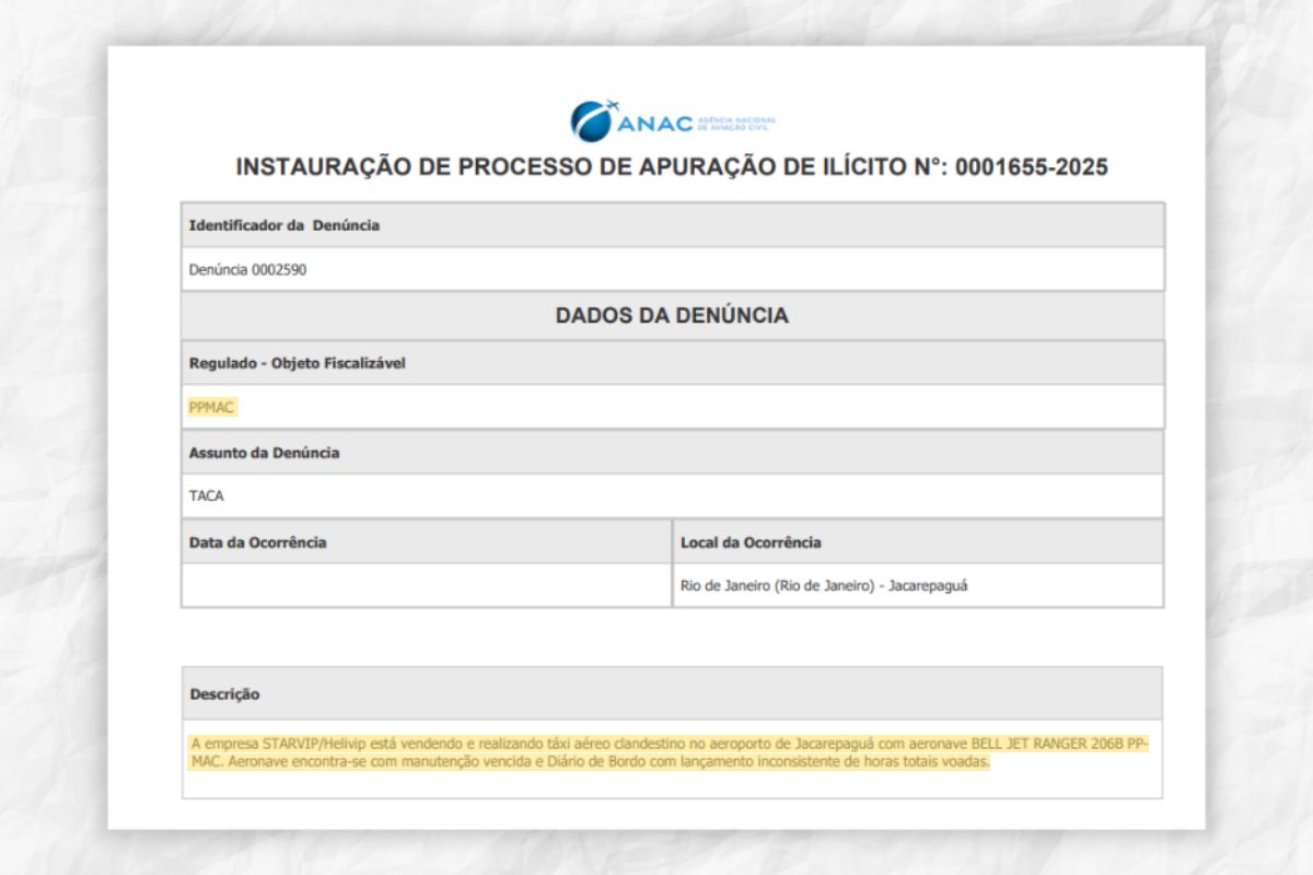 Denúncia recebida pela Anac sobre o helicóptero PP-MAC, que caiu neste domingo (14/6)