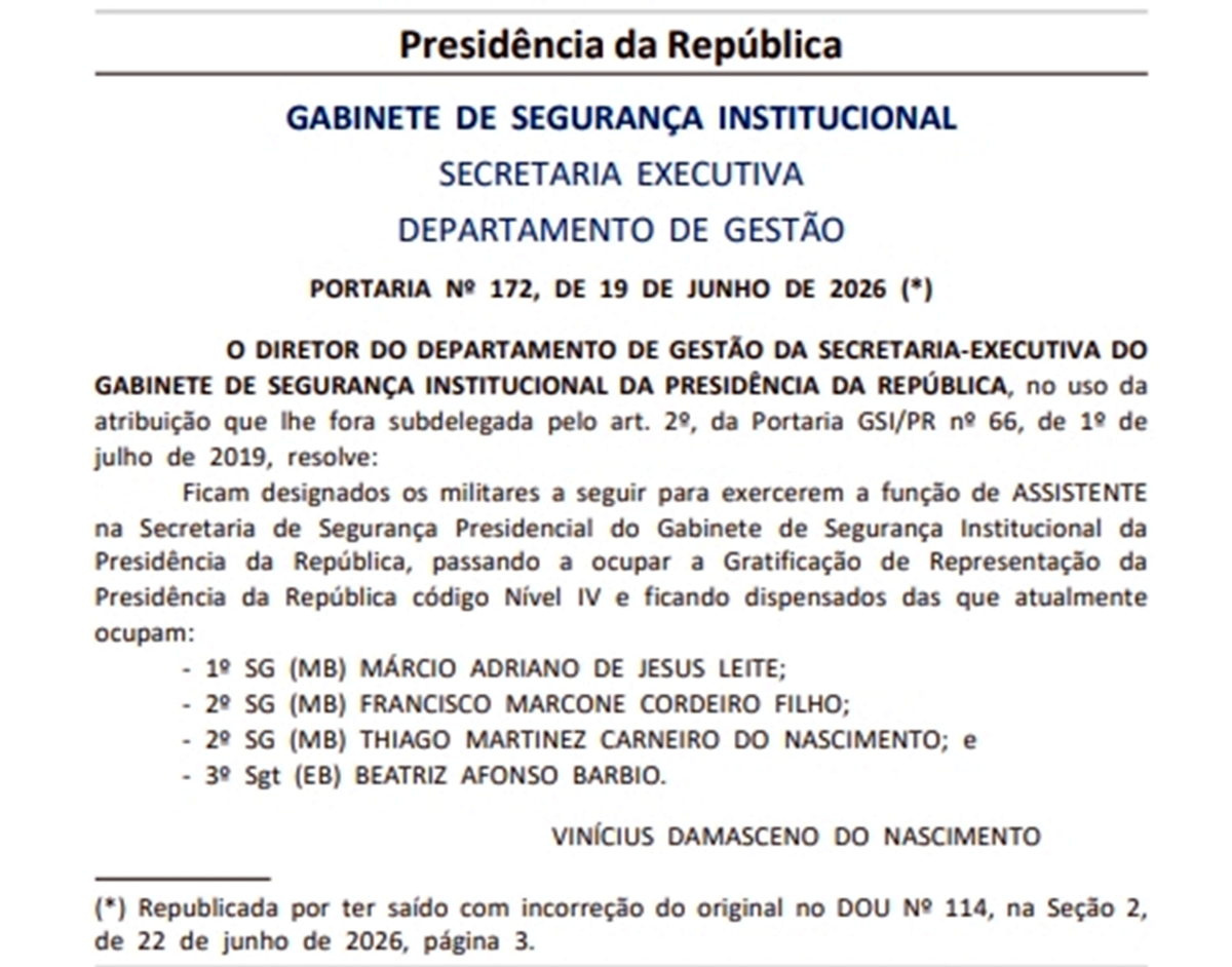 Edição extra do DOU com correção sobre designação de assistentes de Lula no GSI - Metrópoles