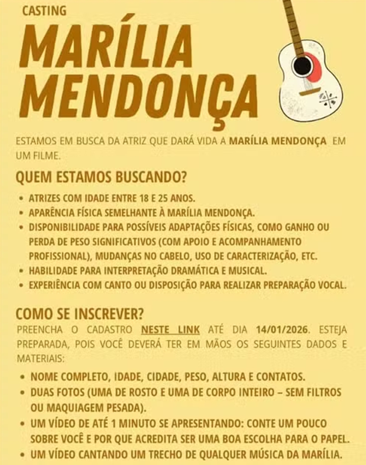Produtora divulga pré-requisitos para escolha de atriz que vai viver Marília Mendonça
