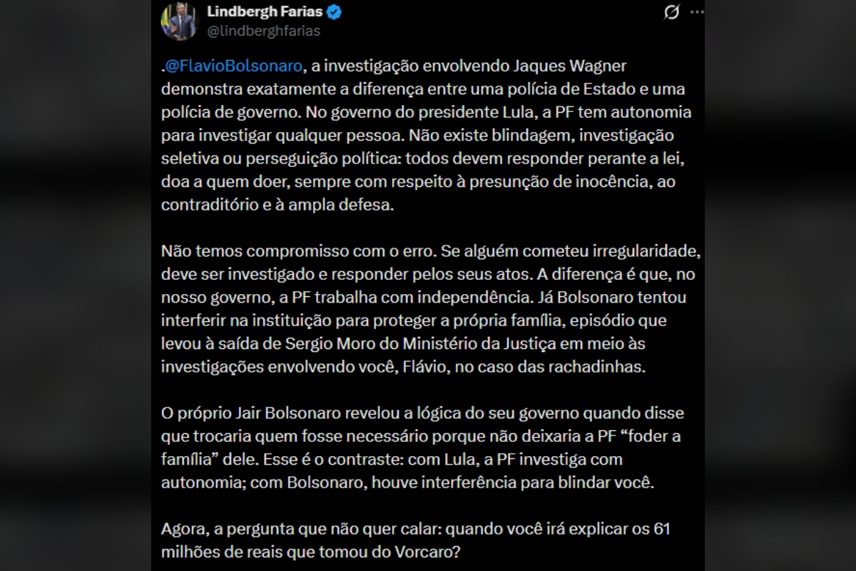 Imagem colorida, Lindebergh tuíte - Metrópoles