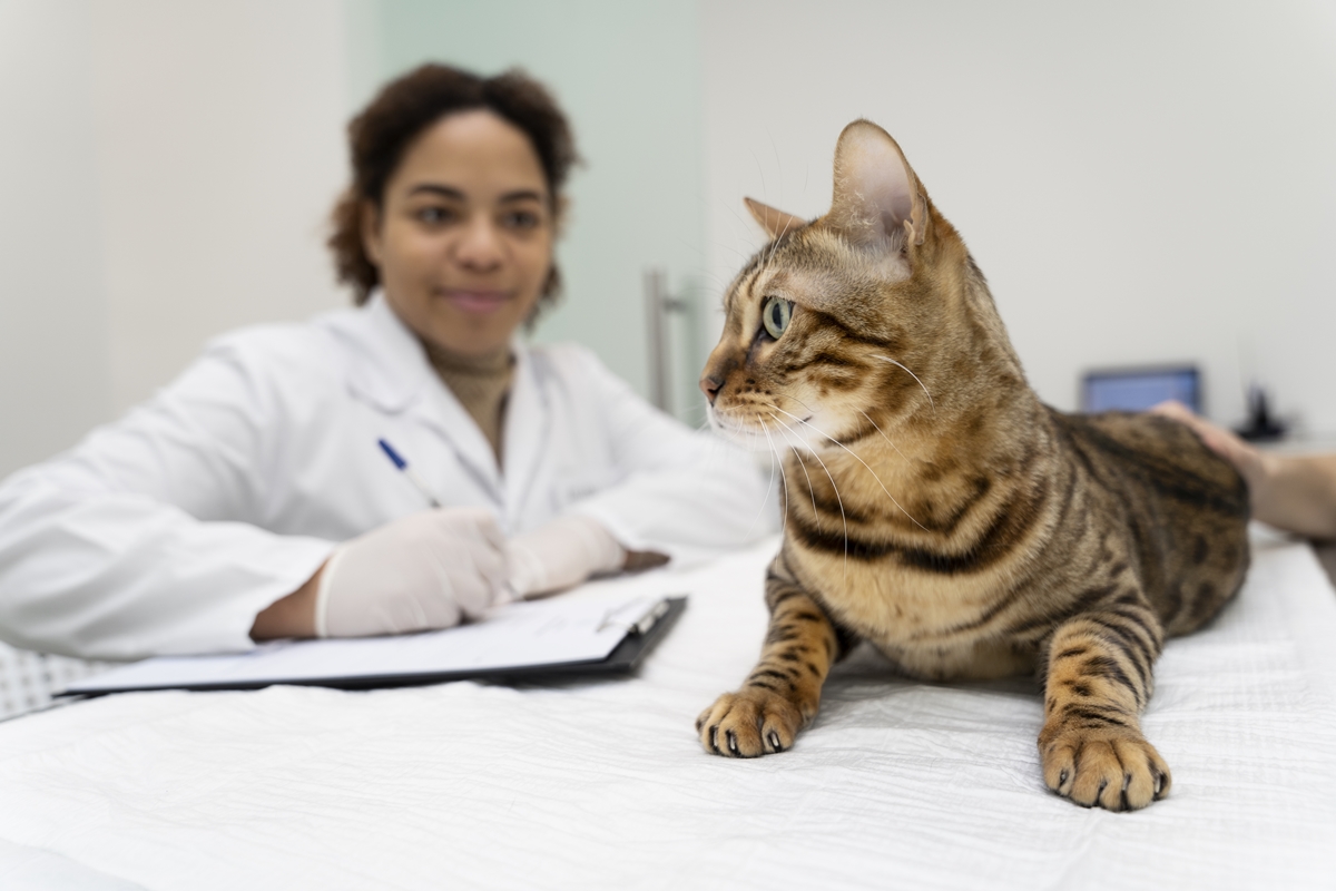 Médica veterinária examinando gato