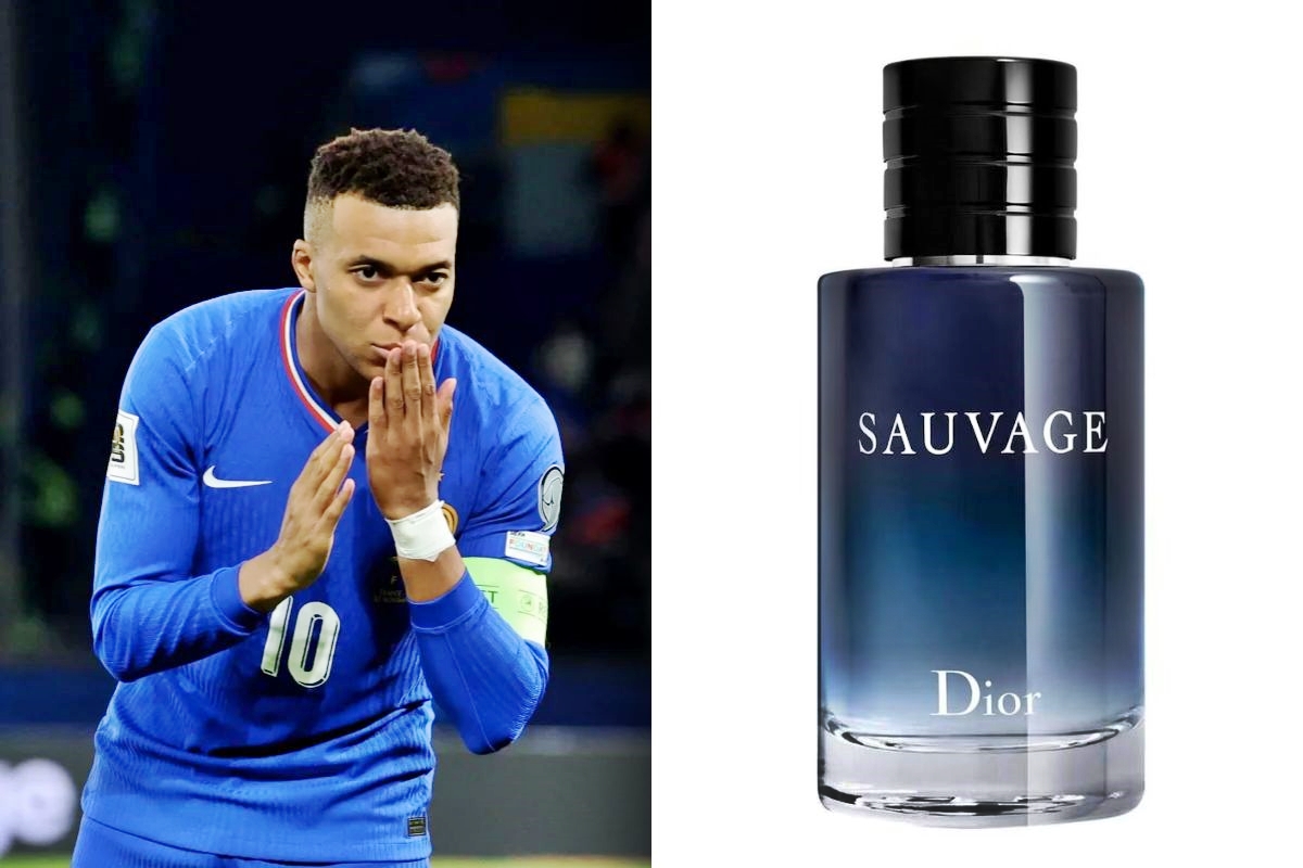 Fotos coloridas de Mbappé e perfume