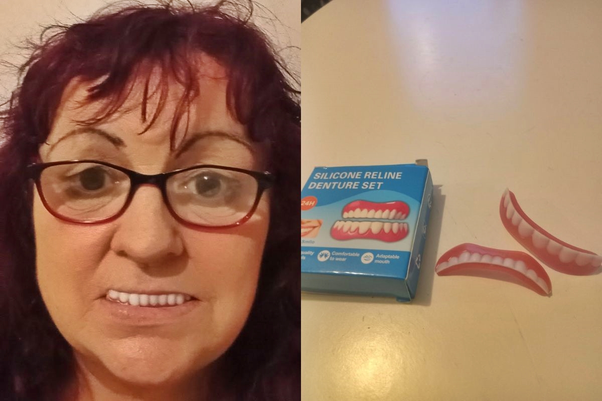 Fotos colorida de Karen Soper e dentadura de má qualidade