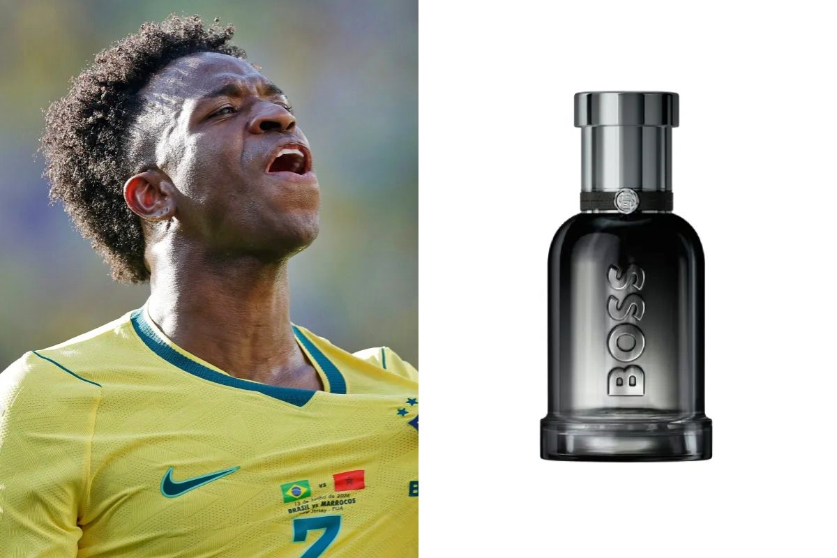 Fotos coloridas de Vini Jr. e perfume
