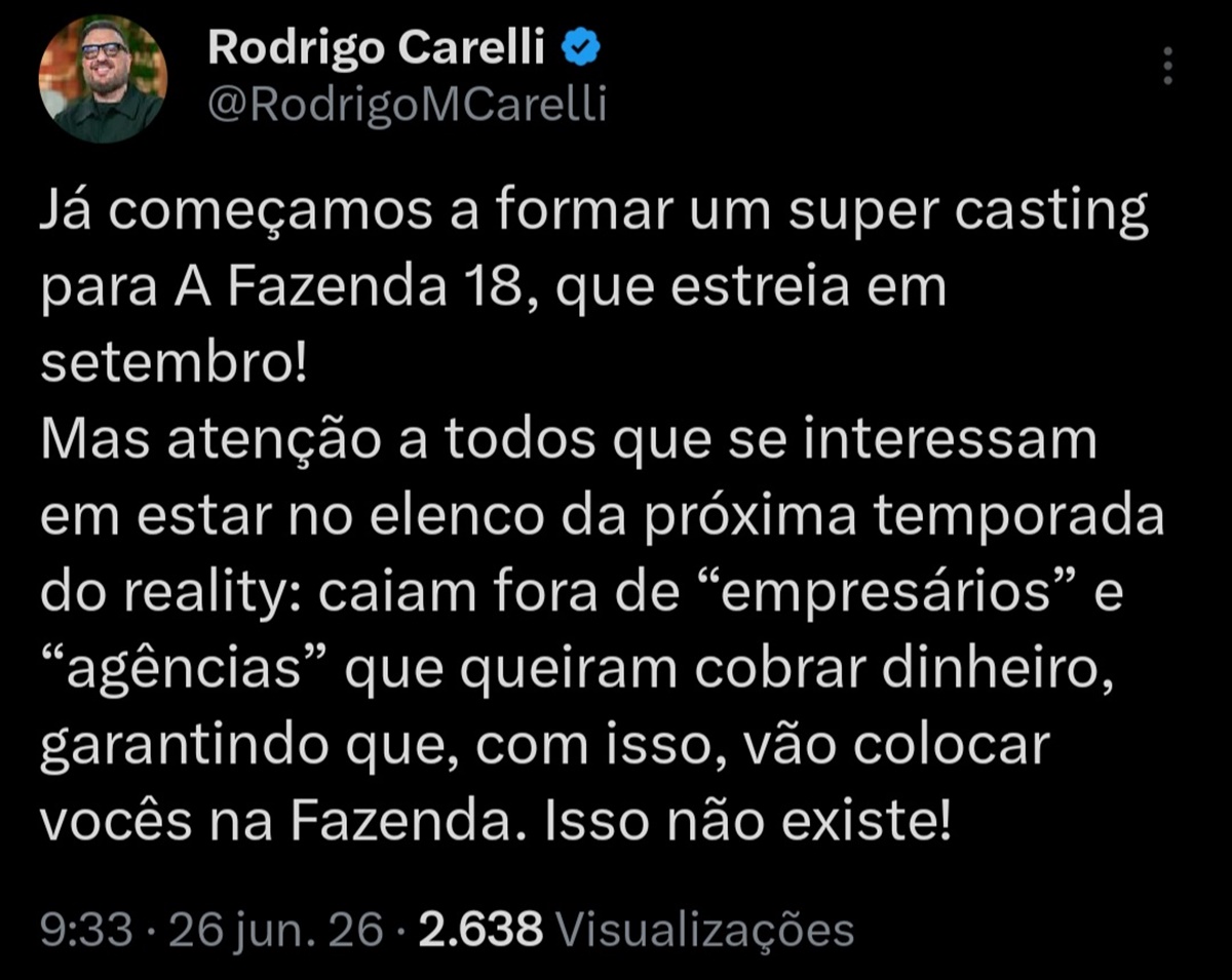 Rodrigo Carelli anuncia o casting