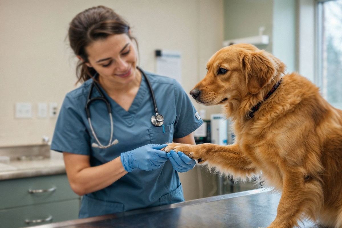Imagem colorida de médica veterinária avaliando cachorro.