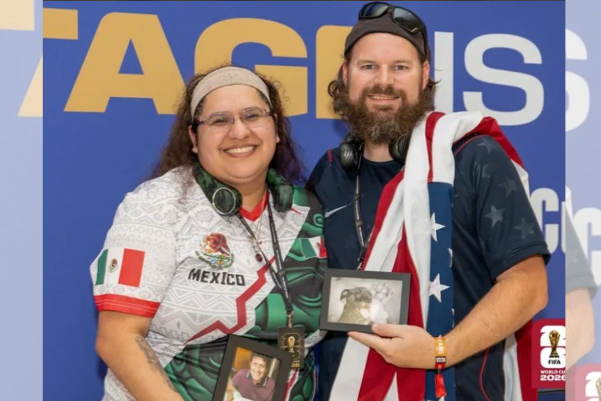Marido e mulher em estádio
