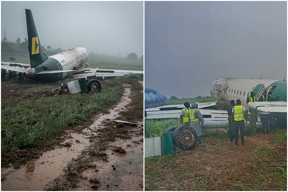 Avião atola na lama após sair da pista de pouso na Nigéria