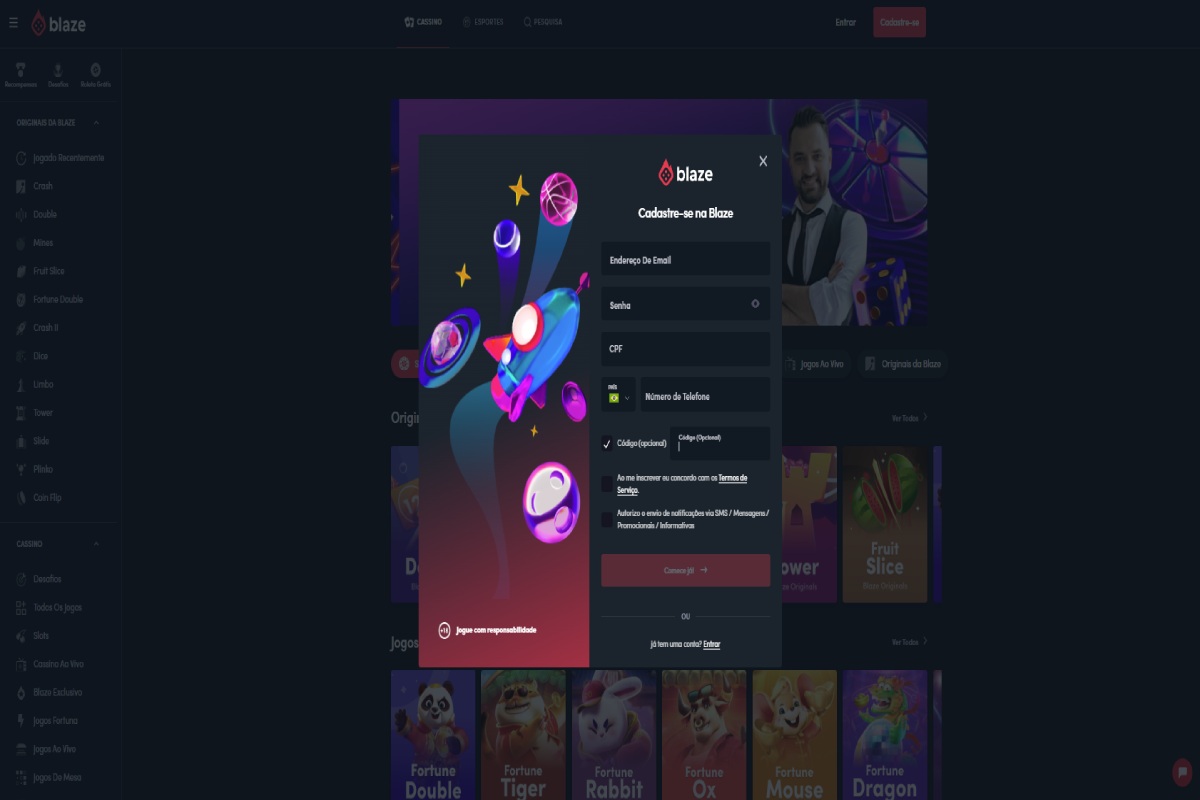 site da Blaze, no cadastro