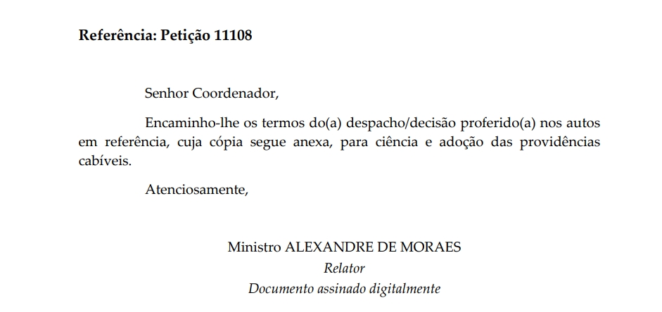 Imagem da comunicação à PF sobre cancelamento de indiciamento "Abin Paralela"