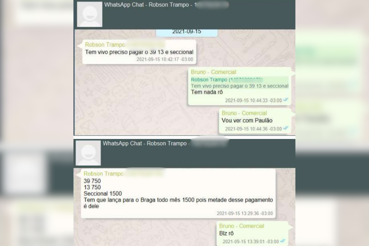 Imagem colorida de conversa entre operadores do PCC sobre suposto pagamento de propina a policiais - Metrópoles