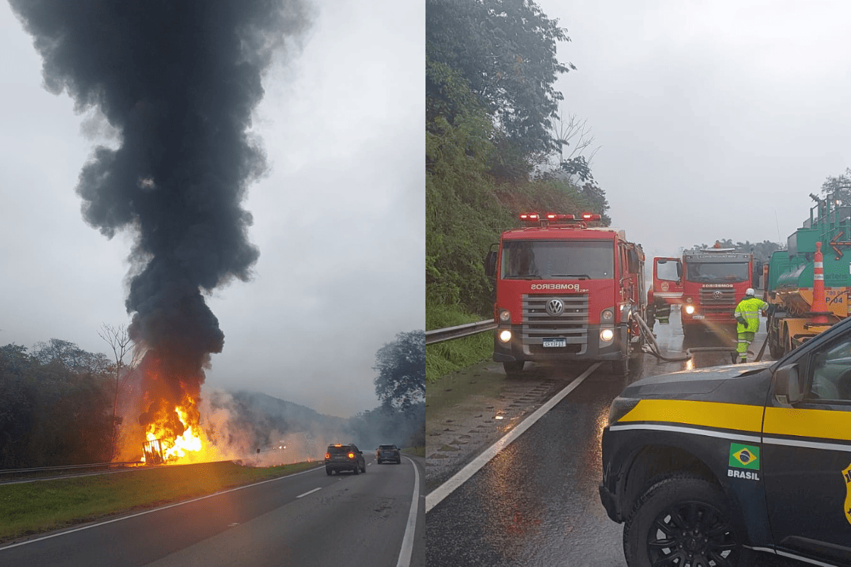 Carreta com 26 mil litros de óleo pega fogo e trava Régis Bittencourt