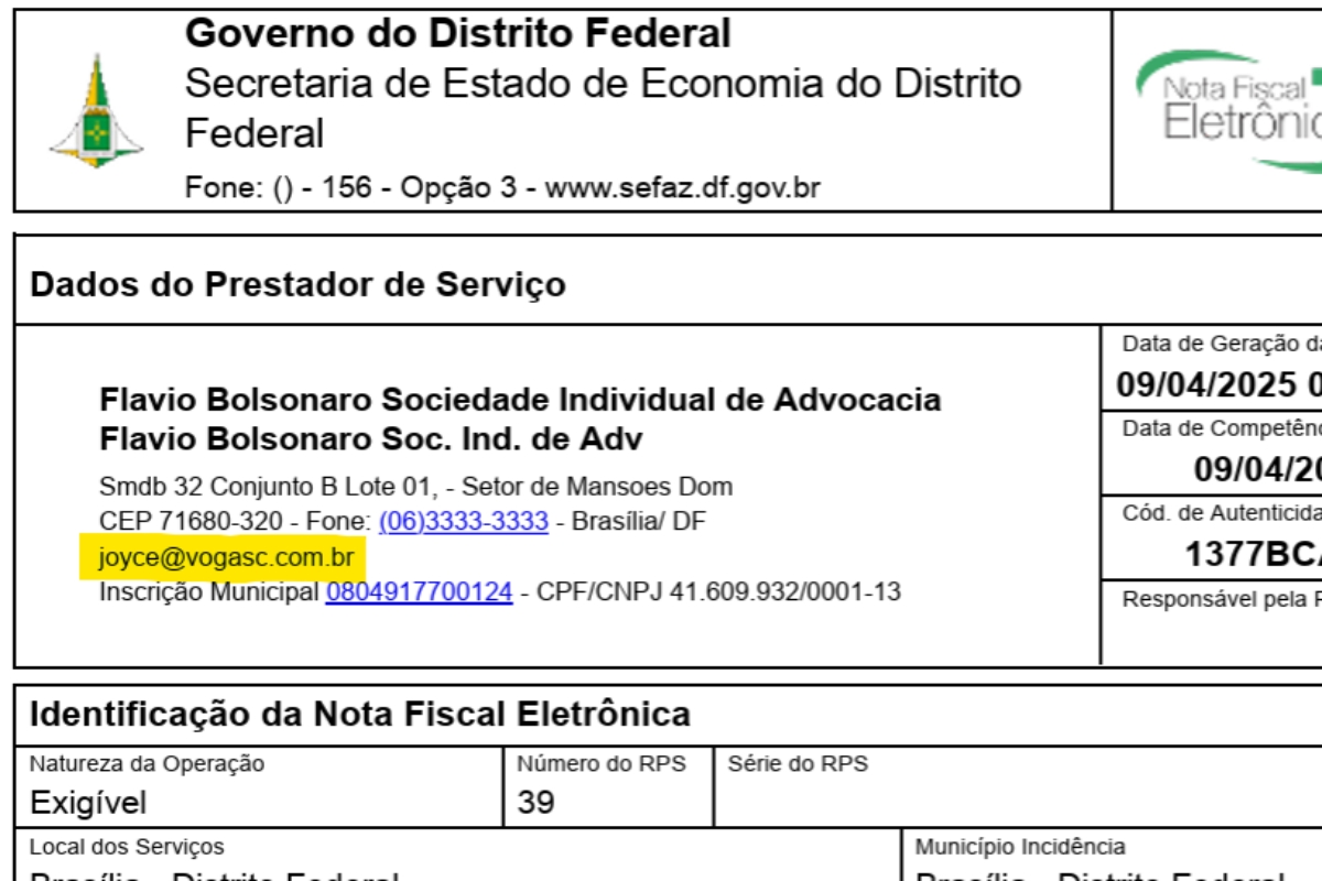 Detalhe da nota fiscal emitida pelo escritório de Flávio Bolsonaro