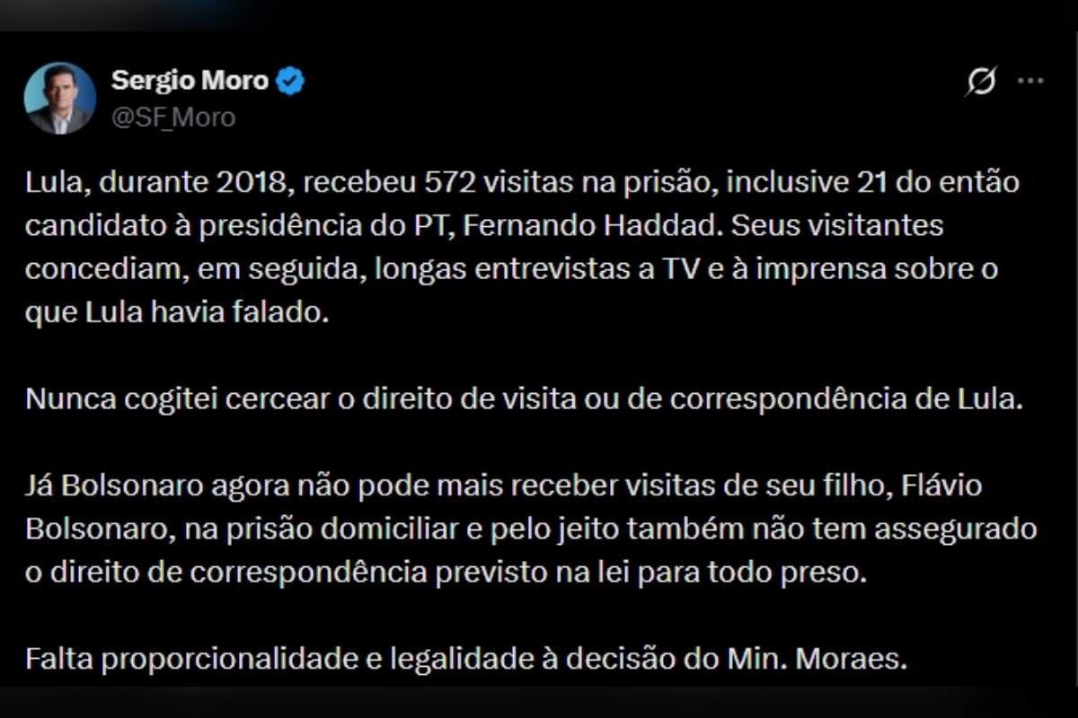 Imagem colorida, tuíte de Sérgio Moro - Metrópoles