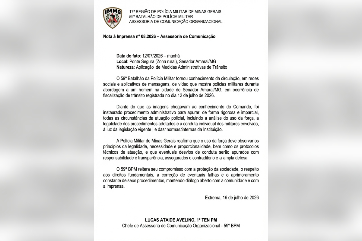 nota PMMG agressão Senador Amaral