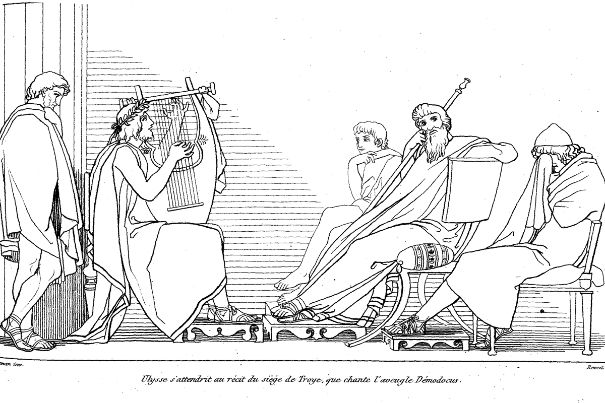 Demódoco cantando perante Ulisses e Alcínoo. Ilustração de John Flaxman (1810)
