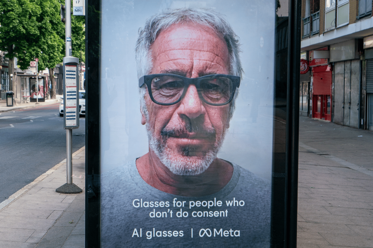 foto com cor. cartaz usa imagem de jeffrey epstein com óculos da meta em protesto - metrópoles