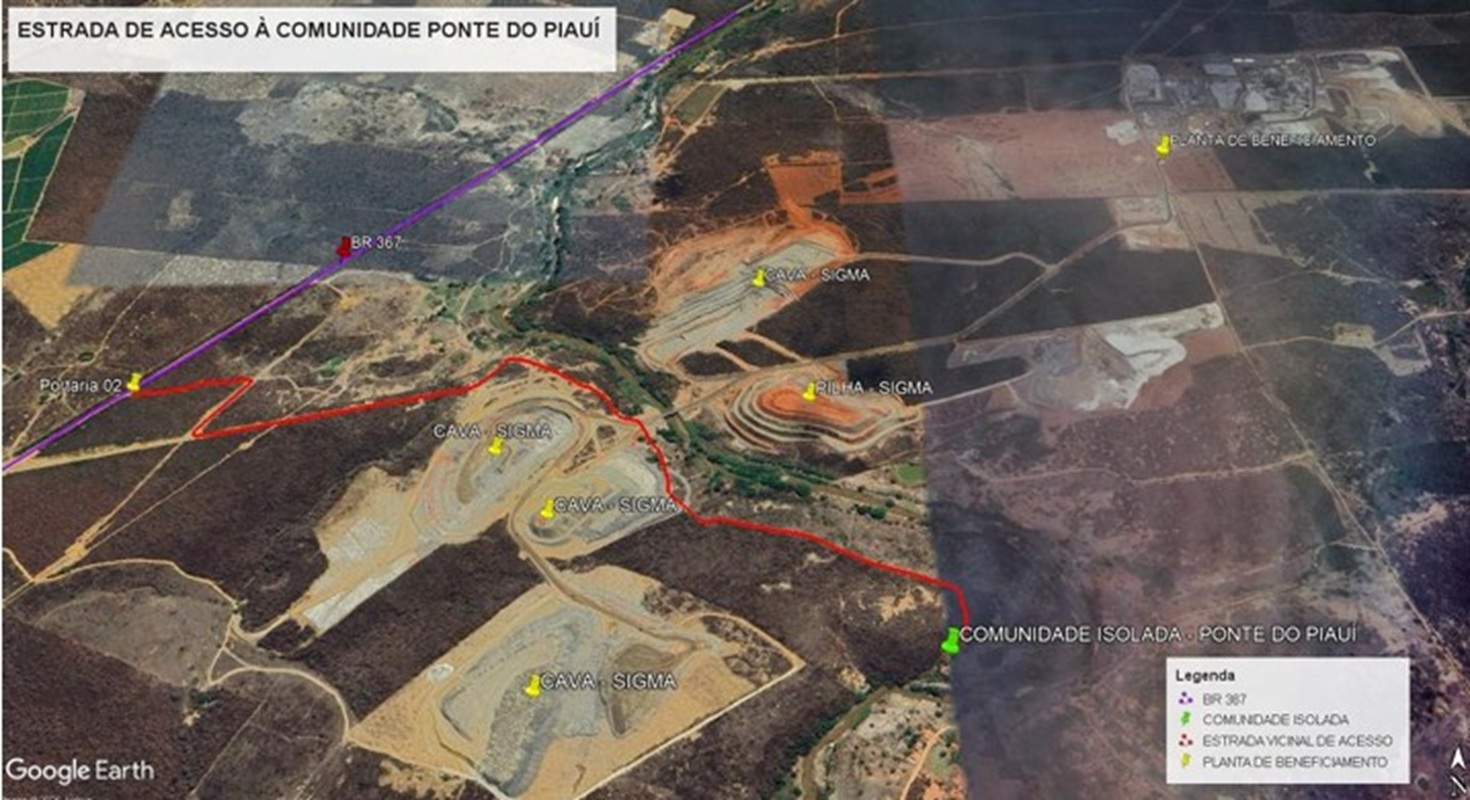 Localização da portaria e estrada de acesso à comunidade da Ponte do Piauí – SIGMA MINERAÇÃO.
