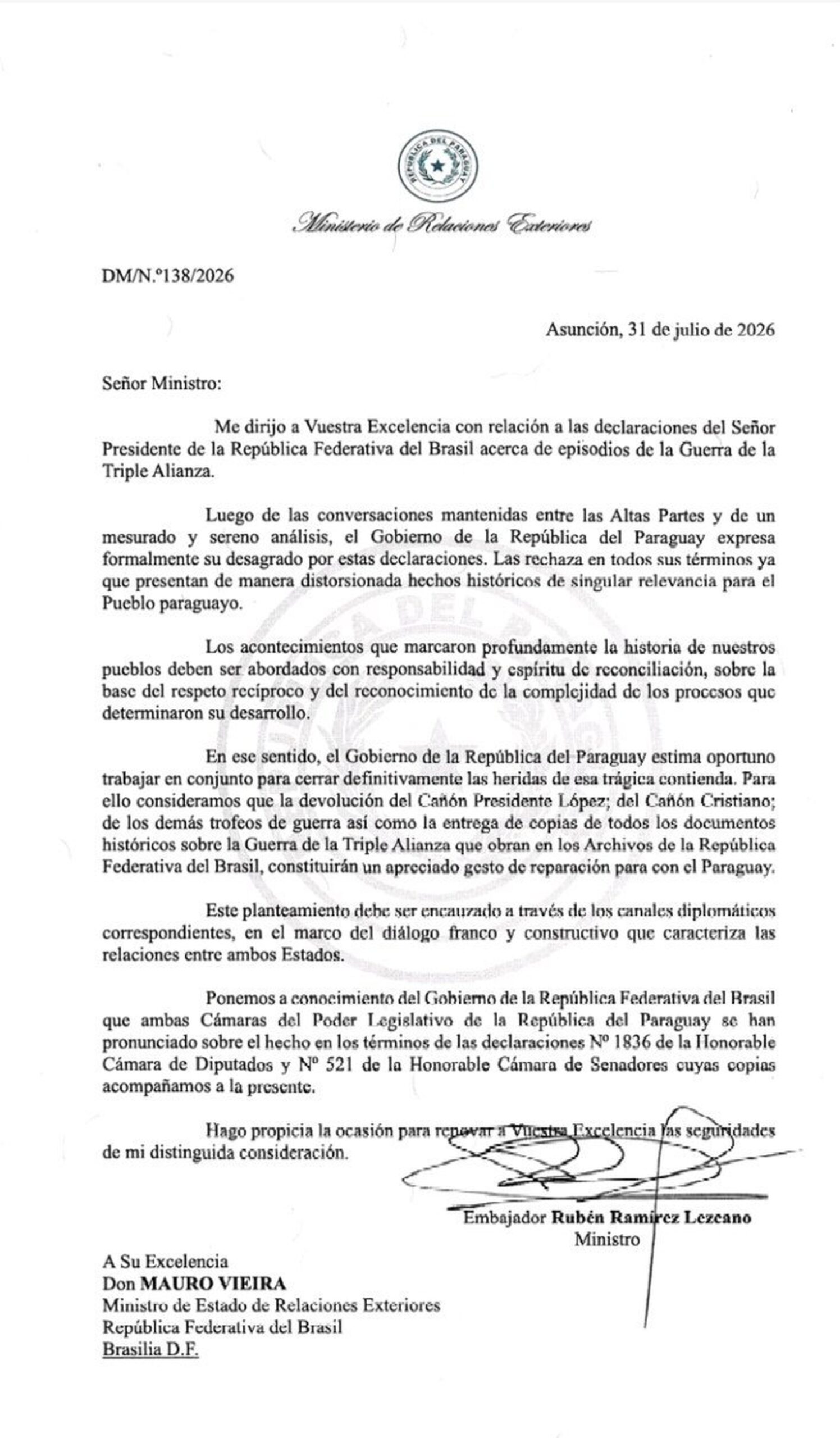 Imagem colorida mostra nota de repúdio do Paraguai contra falas de Lula - Metrópoles