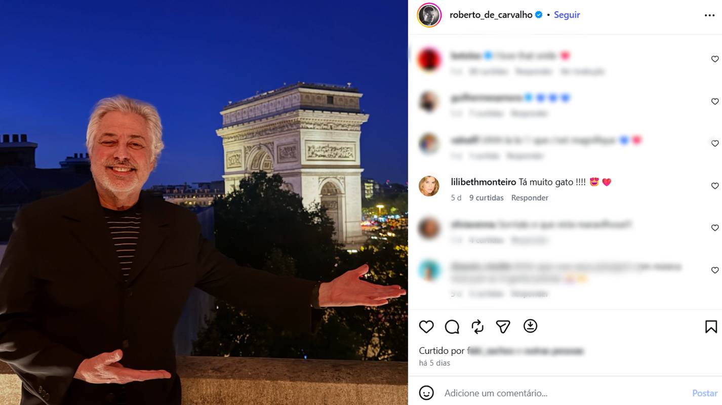 O viúvo de Rita Lee, Roberto de Carvalho, e a empresária Lilibeth Monteiro de Carvalho surgiram juntos em fotos na capital francesa - Metrópoles