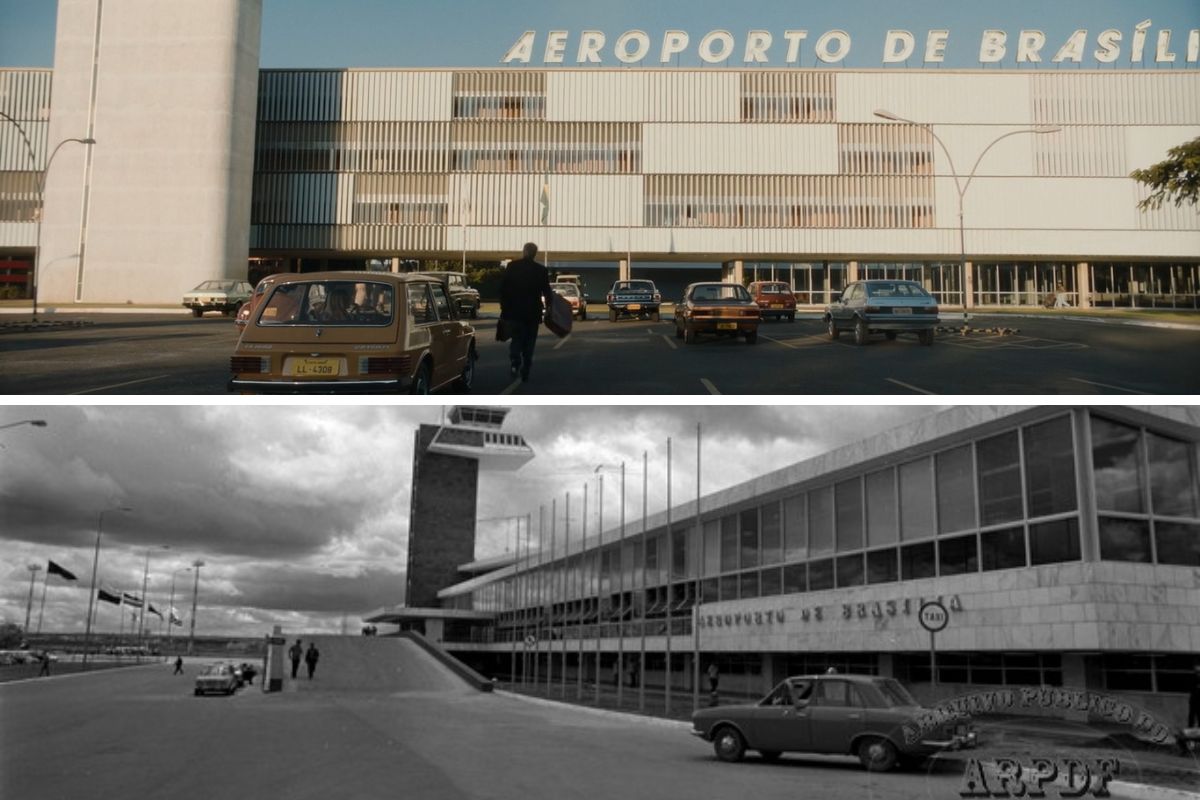 Fotos com comparação do aeroporto recriado para Pequanas Criaturas e do Aeroporto de Brasília na década de 1970