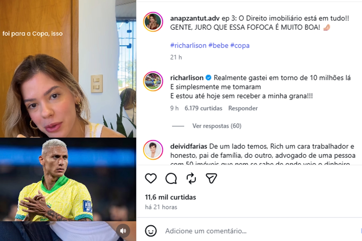 Print de imagens mostra desafabo de Richarlison sobre processo por mansão com advogado de Flavio Bolsonaro - Metrópoles