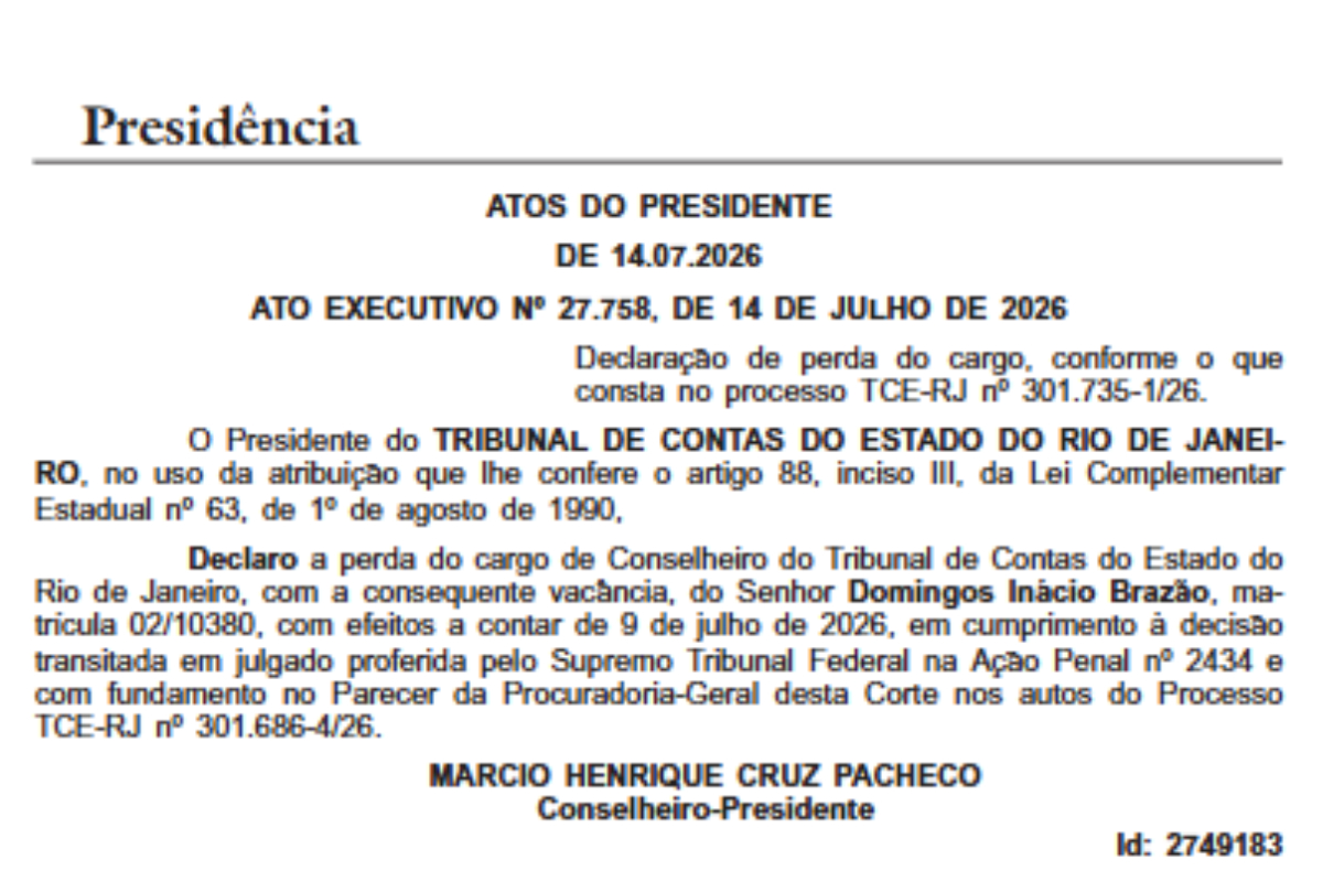 TCE-RJ oficializou nesta quarta a perda de mandato de Domingos Brazão