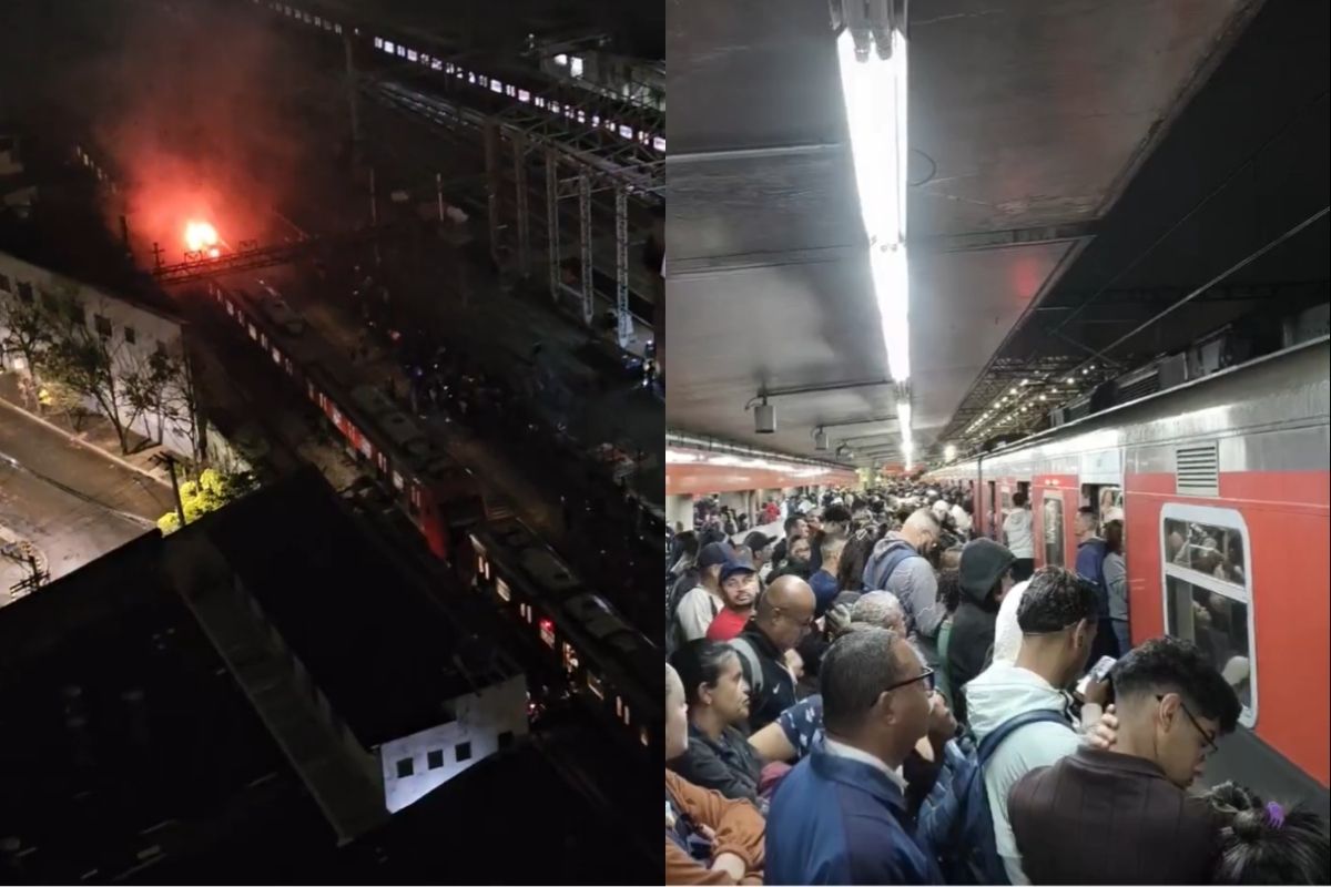 Fogo em trem paralisa linhas 11, 12 e 13 e usuários andam nos trilhos
