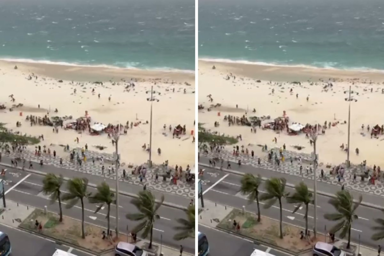 Ventania arrasta guarda-sóis e expulsa banhistas da praia de Ipanema
