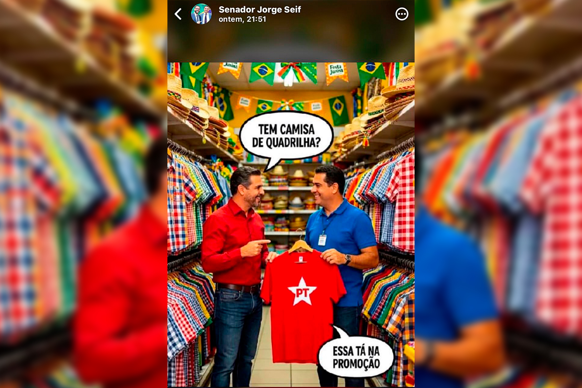 O senador Jorge Seif (PL-SC) compartilhou, na última quinta-feira (2/7), um story no WhatsApp com uma imagem que faz alusão às festas juninas para associar o PT à expressão "quadrilha".