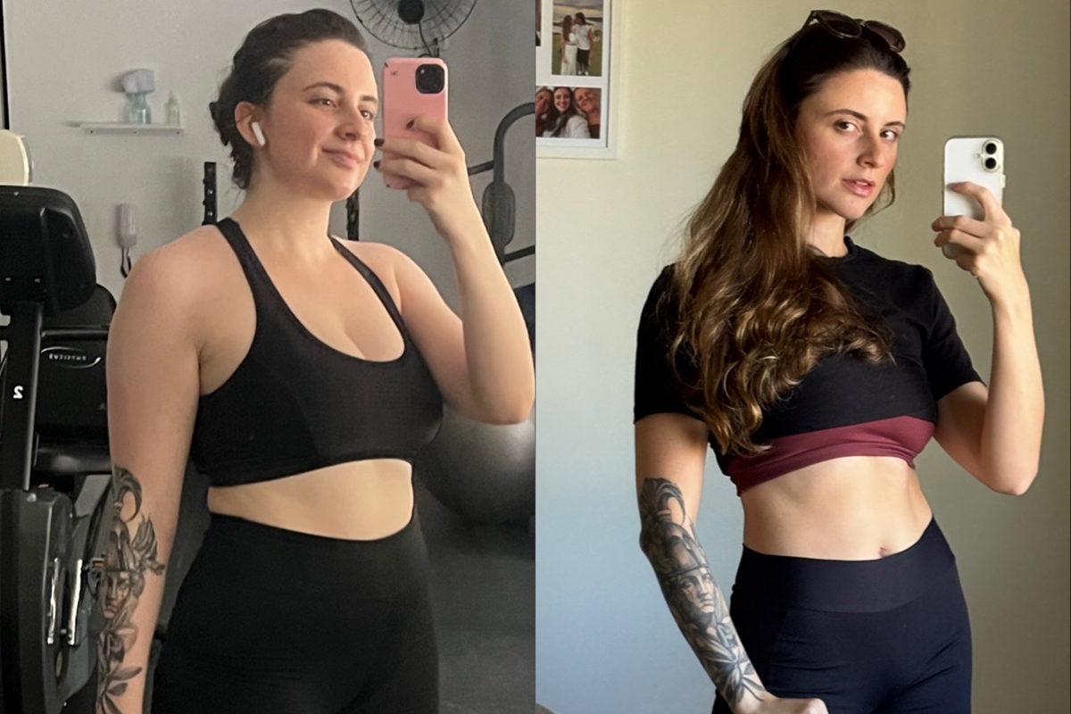 Colagem de fotos coloridas sobre antes e depois do emagrecimento de uma mulher - Metrópoles.