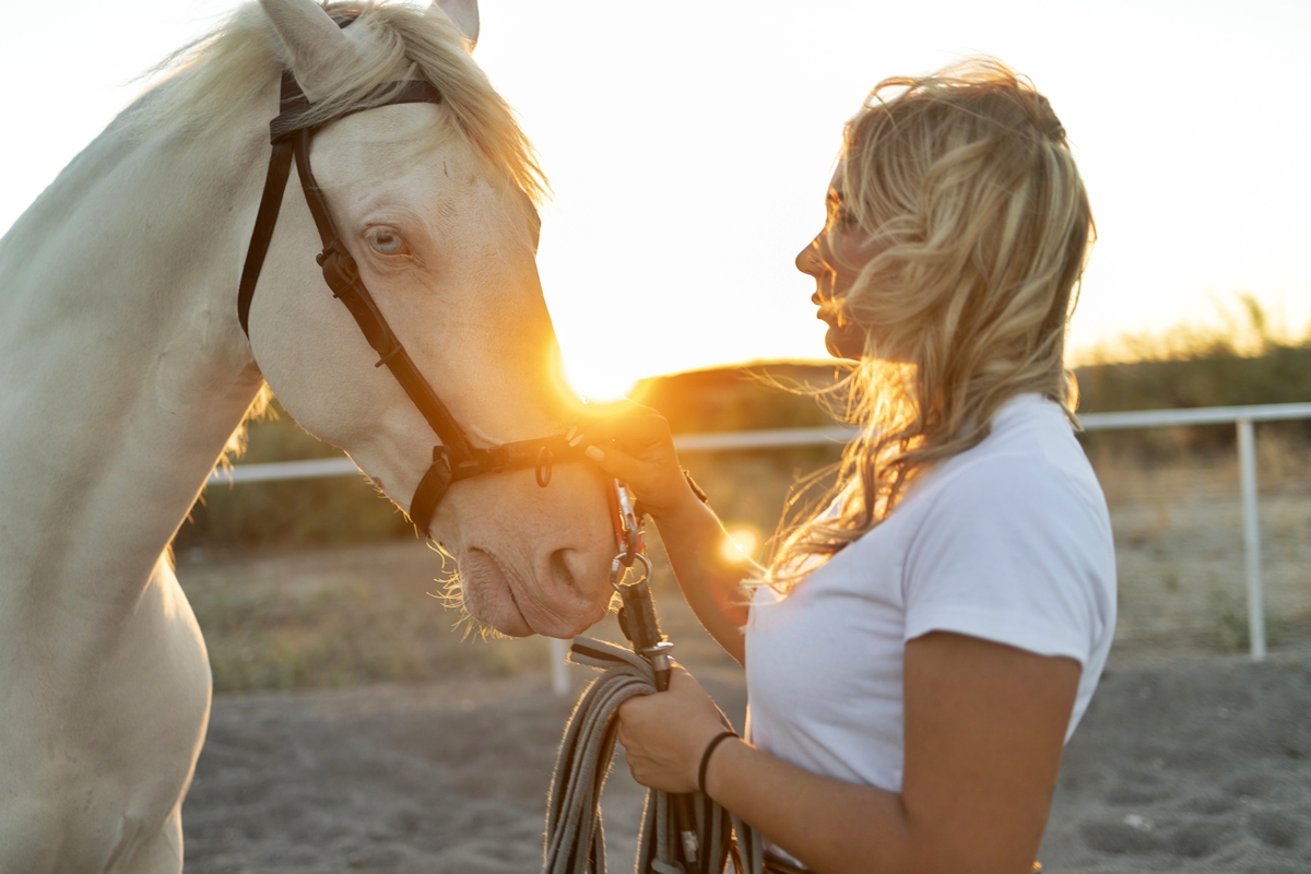 Foto colorida de cavalo ao lado de mulher