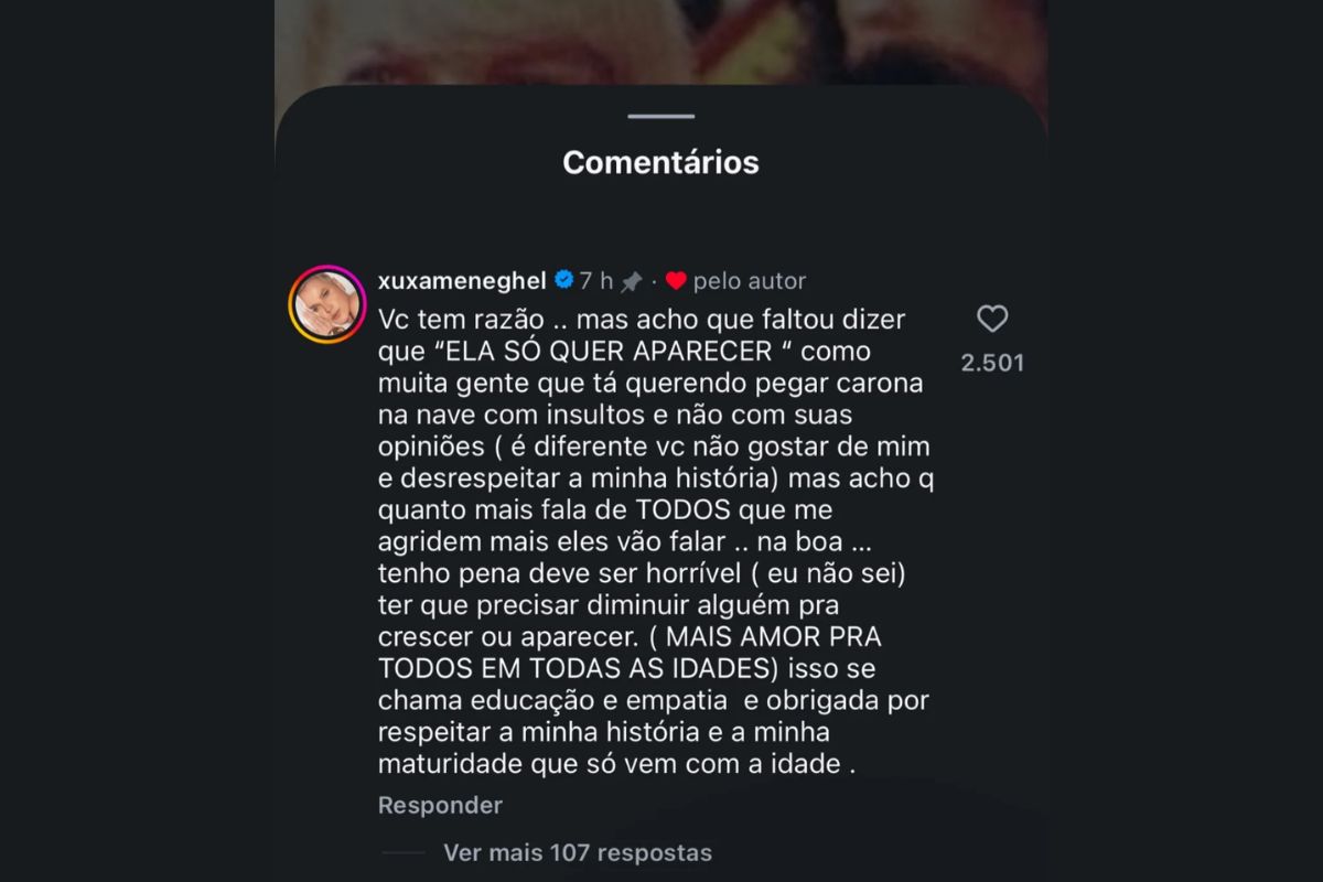Captura de tela com comentário de Xuxa no Instagram