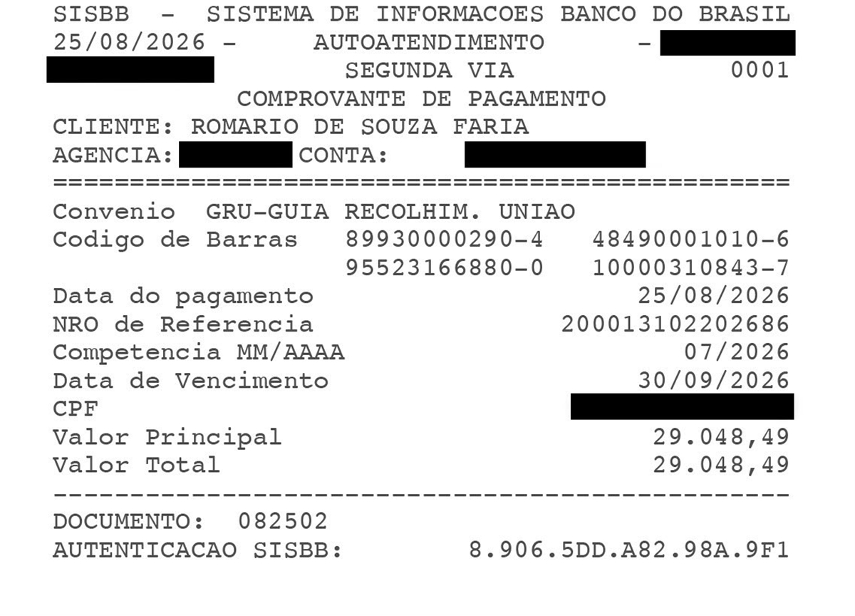 Comprovante de pagamento do Romário ao Senado