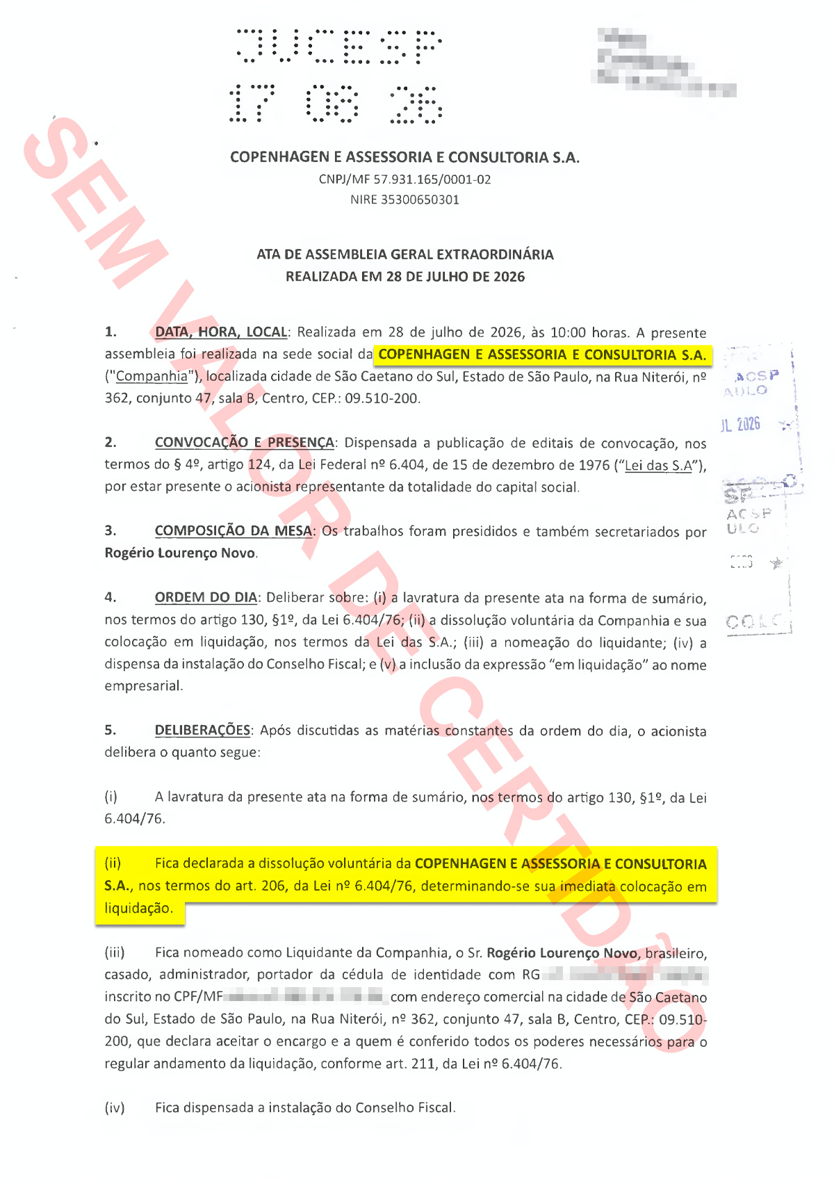 Documento mostra que Copenhagen entrou em processo de liquidação uma semana após coluna revelar que Flávio Bolsonaro emitiu e cancelou notas fiscais para empresa de fachada