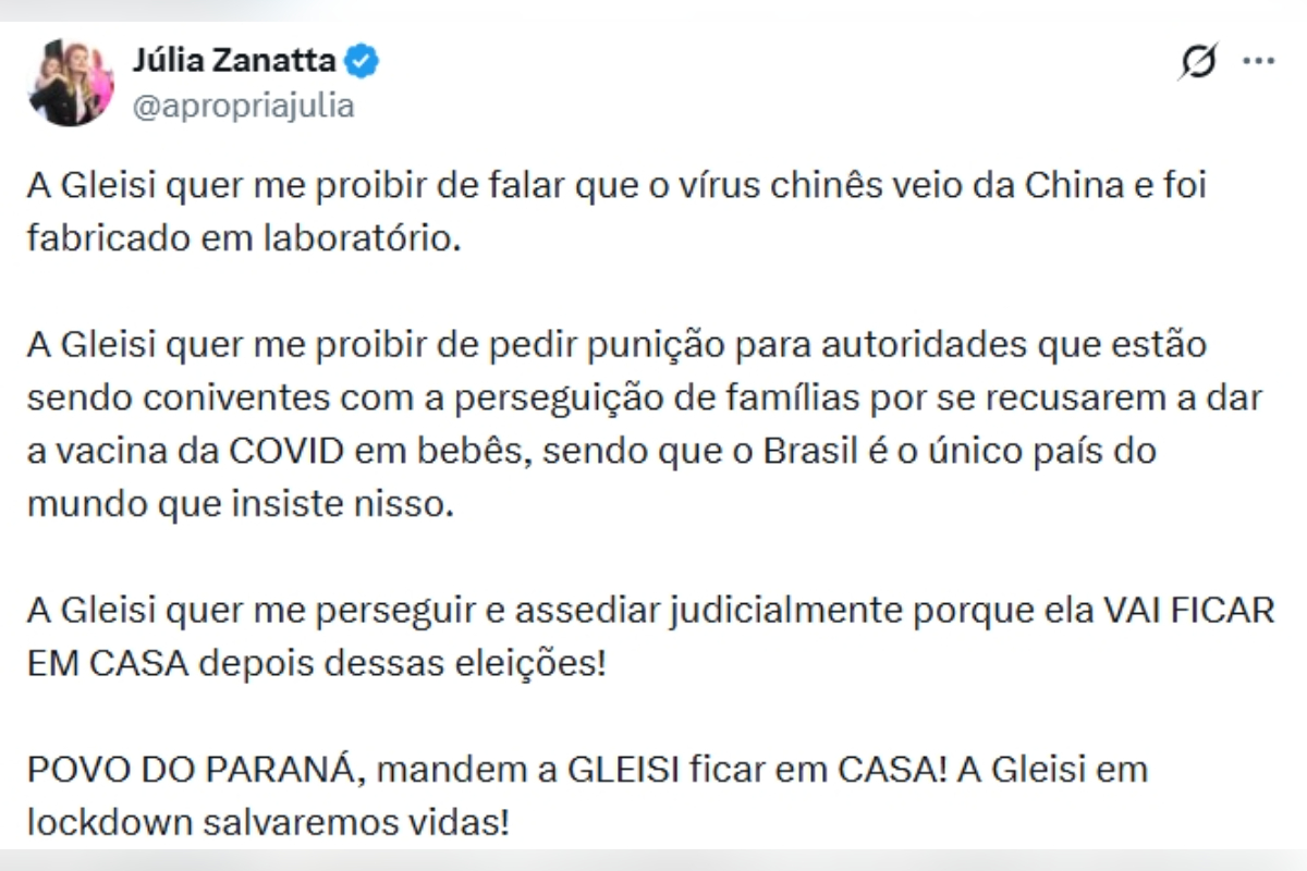 Imagem colorida, post na rede social X, Julia Zanatta - Metrópoles