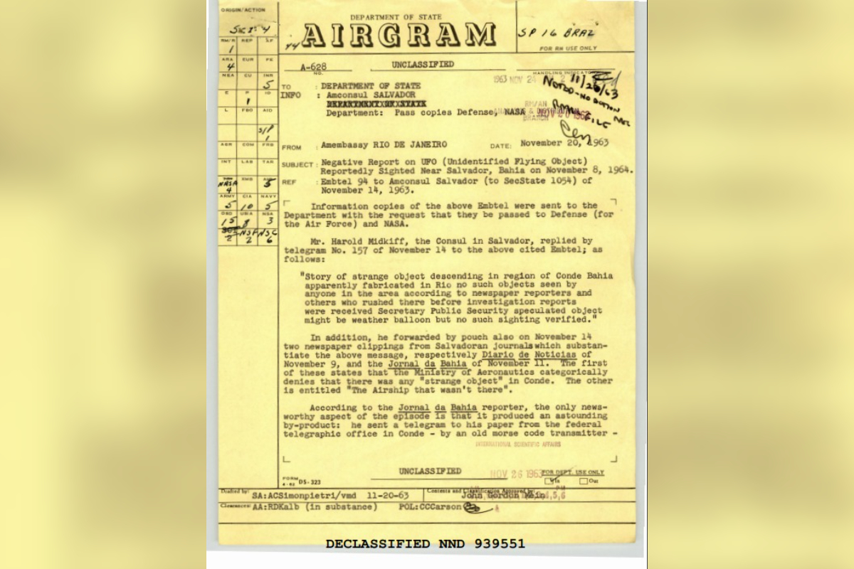 Documentos do Governo dos EUA Revelam Investigações de OVNIs na Bahia dos Anos 60