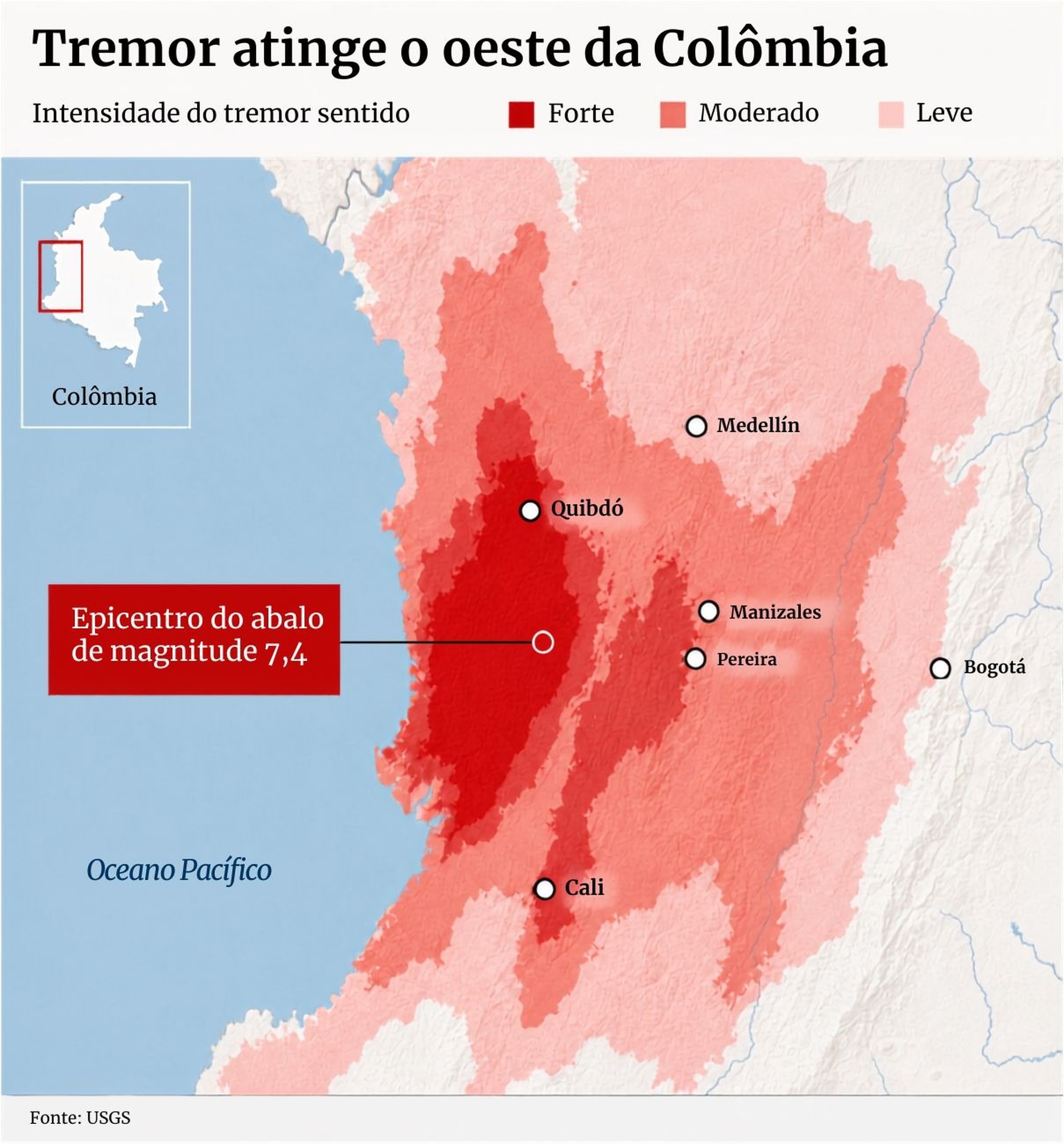 Imagem colorida mostra mapa do terremoto da Colômbia - Metrópoles